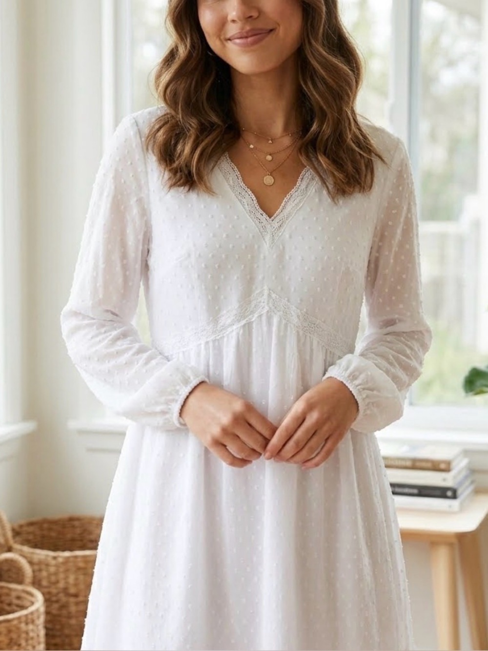 Jasambac White Swiss Dot Long Sleeve V-Neck Dress Lace Trim 0005